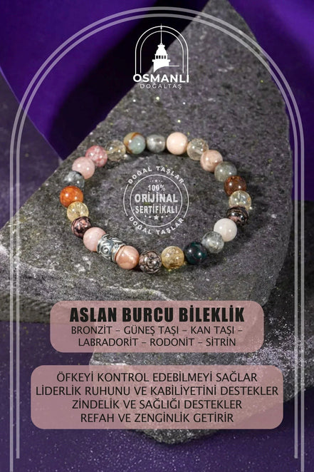 Aslan Burcu Bileklik Bronzit, Güneş Taşı, Kan Taşı, Labradorit, Rodonit, Sitrin