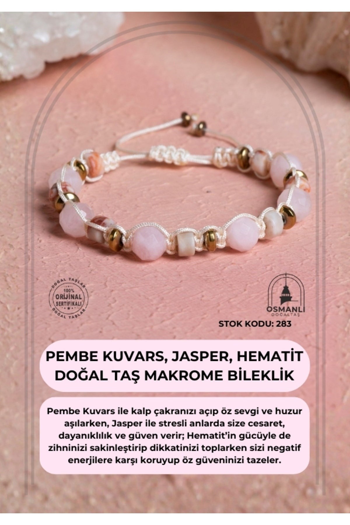Sertifikalı Pembe Kuvars, Jasper, Hematit Doğal Taş Makrome Bileklik (SK:283)