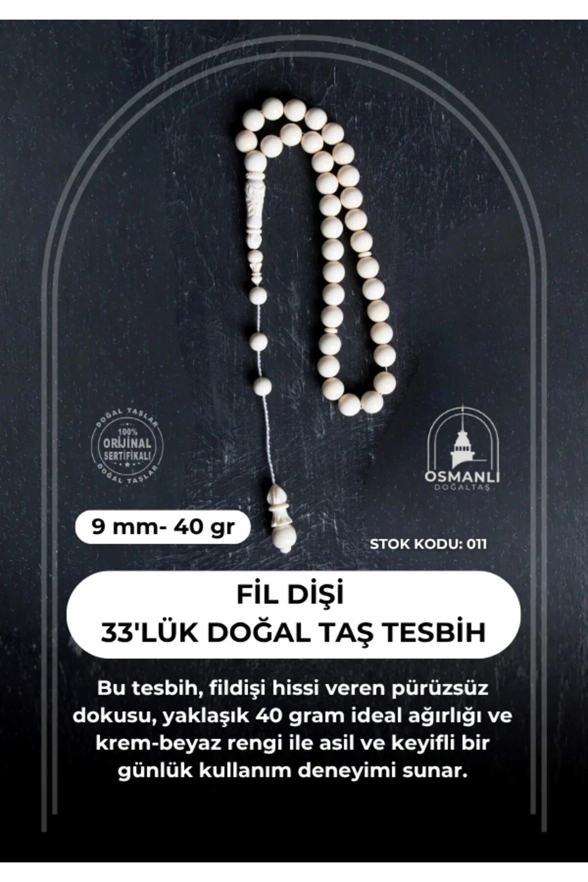 Fil Dişi  33'lük 9 mm Doğal Taş Tesbih