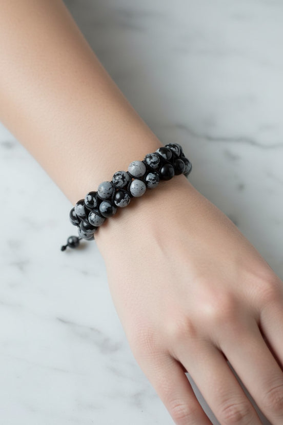 Karlı Obsidyen 8 mm Çift Sıra Makrome Doğal Taş Bileklik