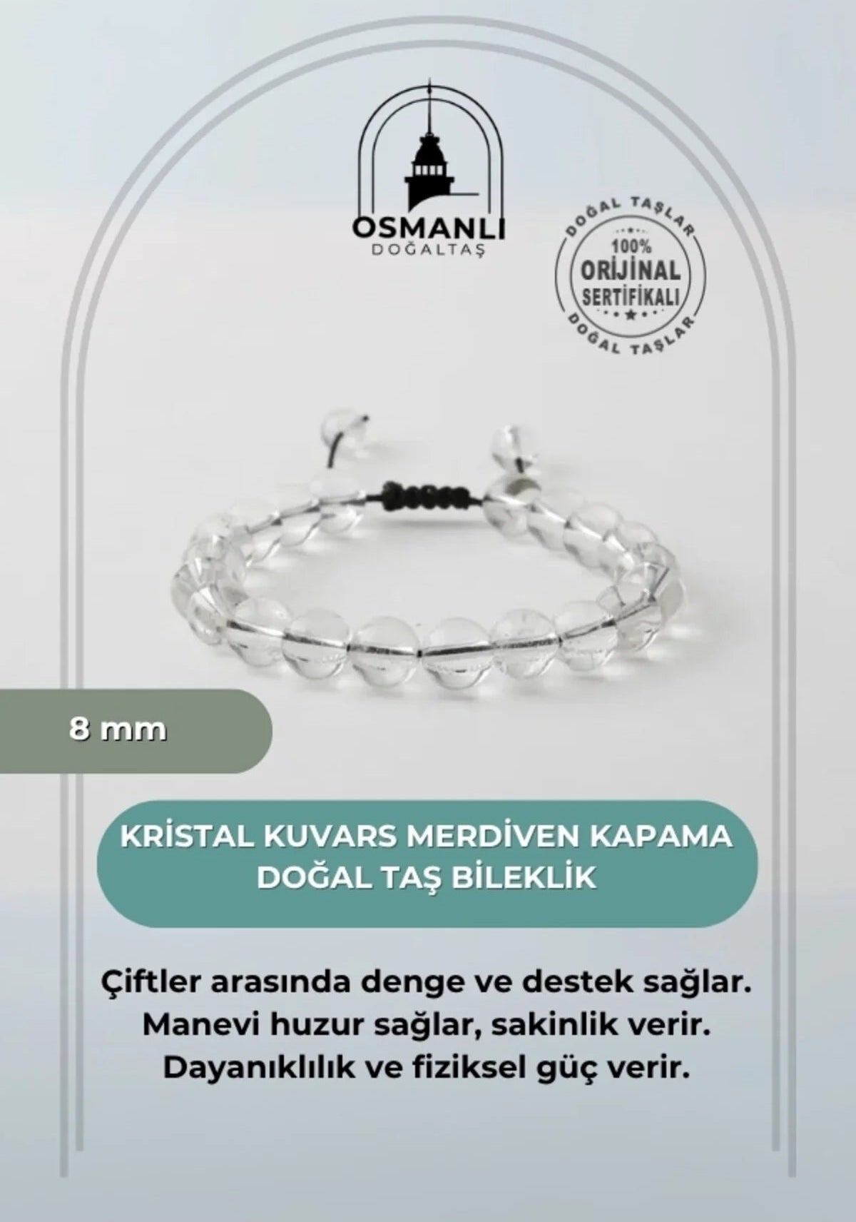 Kristal Kuvars 8mm Merdiven Kapama Doğal Taş Bileklik