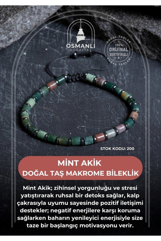 Sertifikalı Mint Akik Doğal Taş Makrome Bileklik (SK:207)