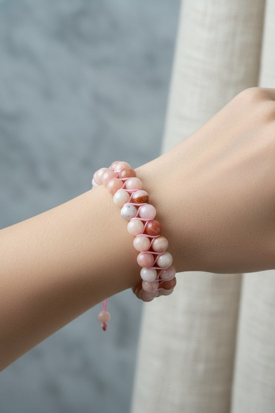 Opal Pembe 8 mm Çift Sıra Makrome Doğal Taş Bileklik