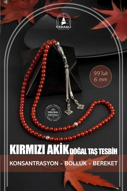 Kırmızı Akik Doğal Taş Tesbih 99luk - 6mm
