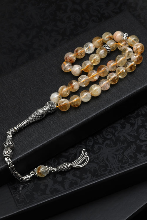 Sitrin Doğal Taş Tesbih 925 Ayar Gümüş – 8 mm Küre Kesim | 33’lü