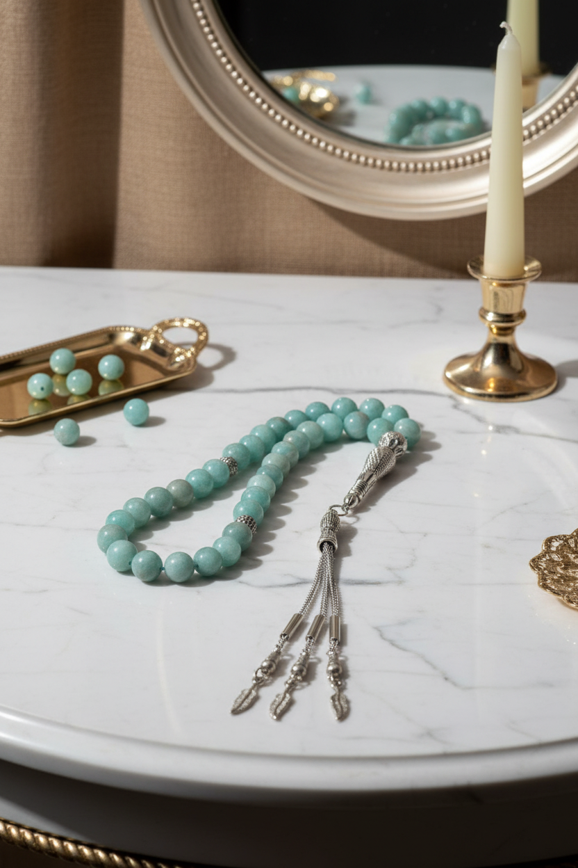 Amazonit Doğal Taş Tesbih – 8 mm Küre Kesim