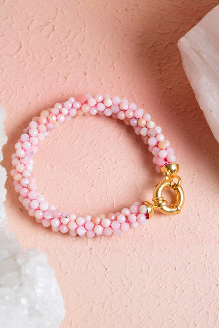 El İşçiliği Örme Pembe Opal Gümüş Kapama Bileklik (SK:108)