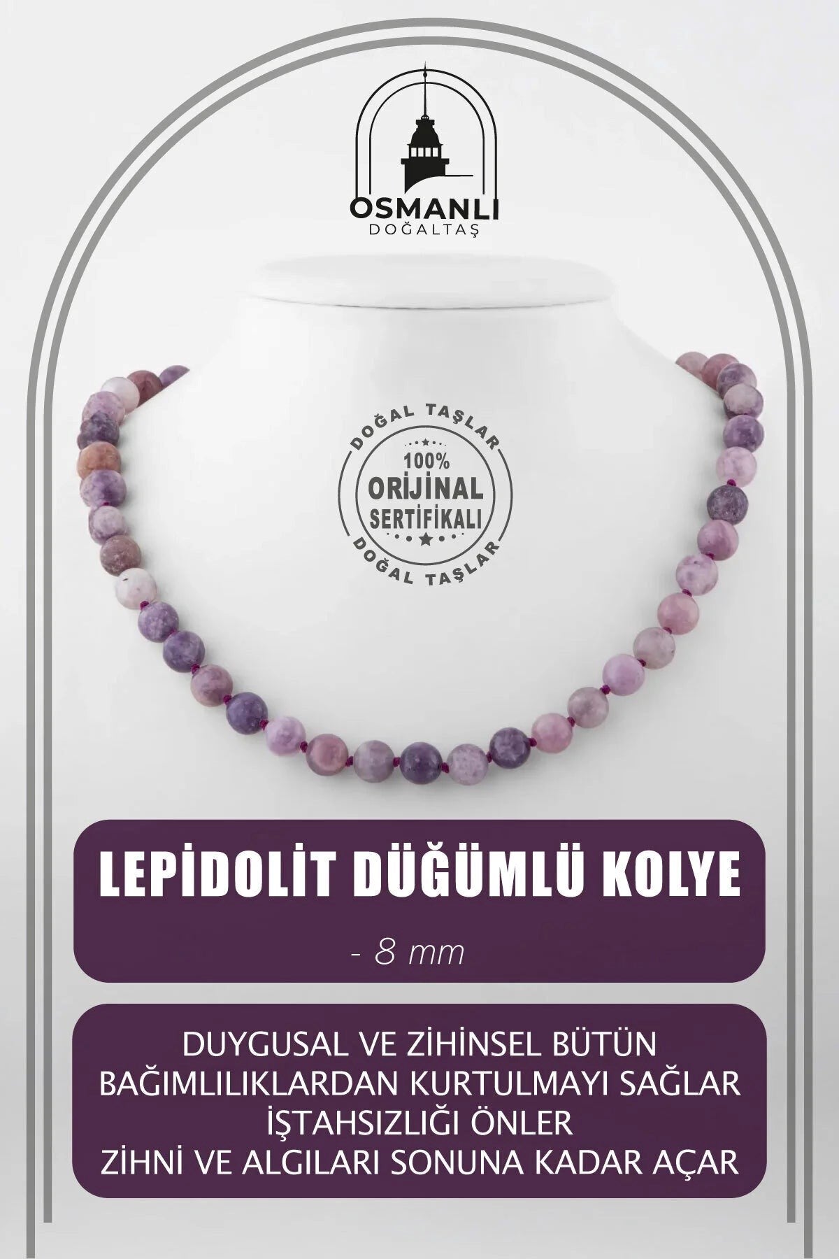 Lepidolit 8 mm Düğümlü Doğal Taş Kolye