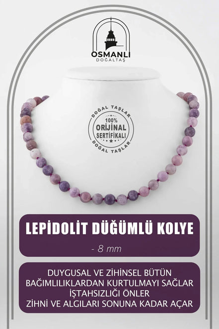 Lepidolit 8 mm Düğümlü Doğal Taş Kolye