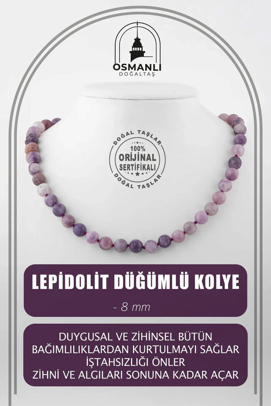 Lepidolit 8 mm Düğümlü Doğal Taş Kolye
