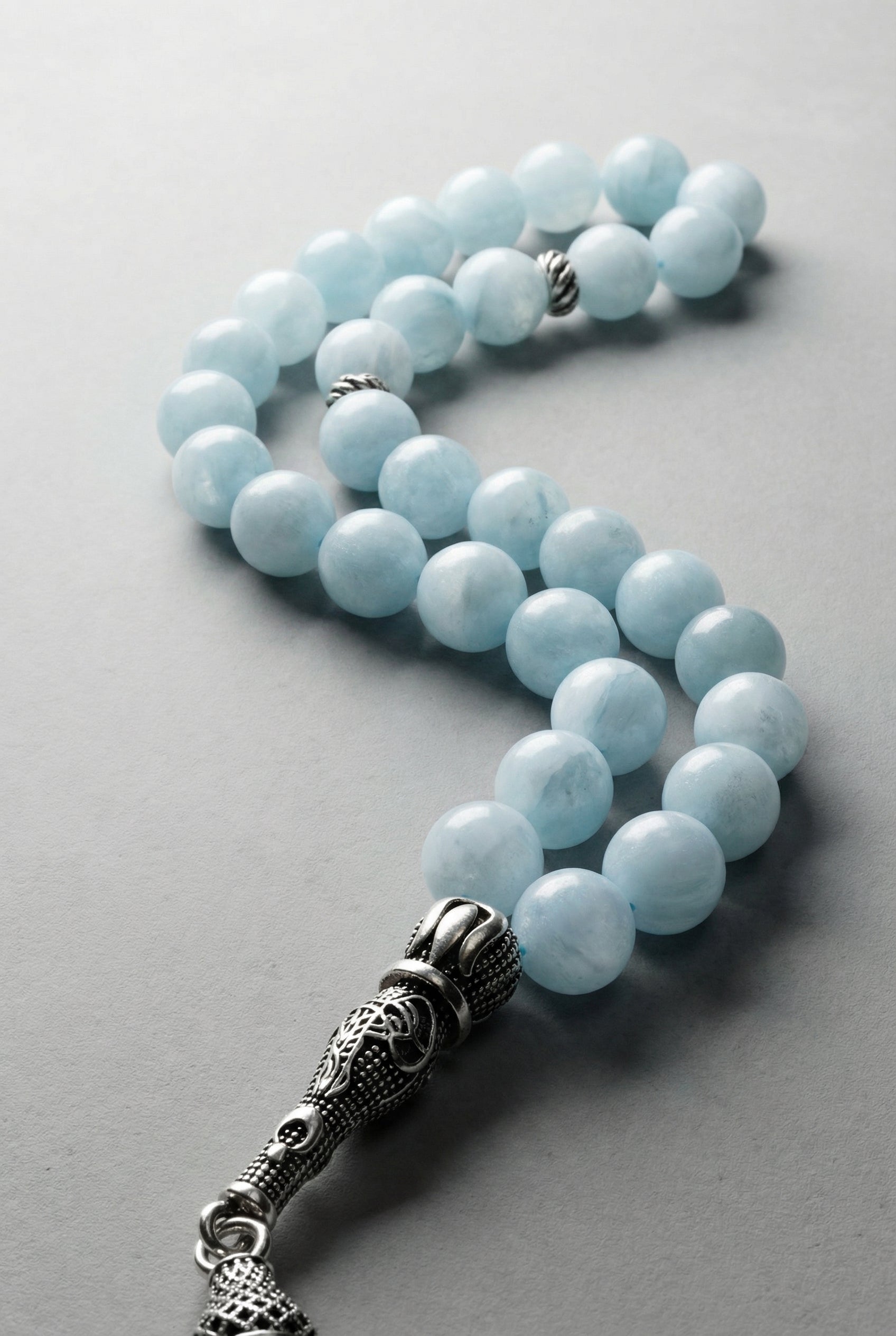 Akuamarin Doğal Taş Tesbih – 925 Ayar Gümüş – 8 mm Küre Kesim