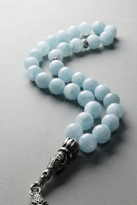 Akuamarin Doğal Taş Tesbih – 925 Ayar Gümüş – 8 mm Küre Kesim