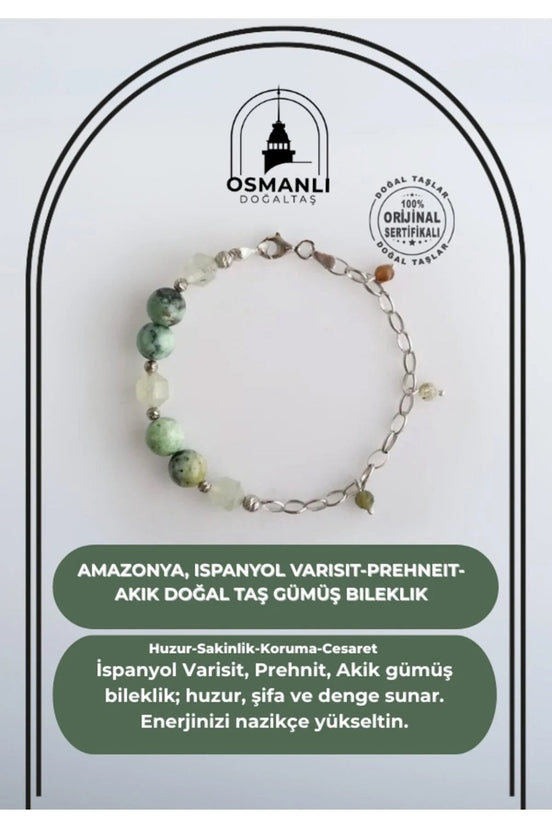 Amazonya, İspanyol Varisit-Prehneit-Akik Doğal Taş Gümüş Bileklik