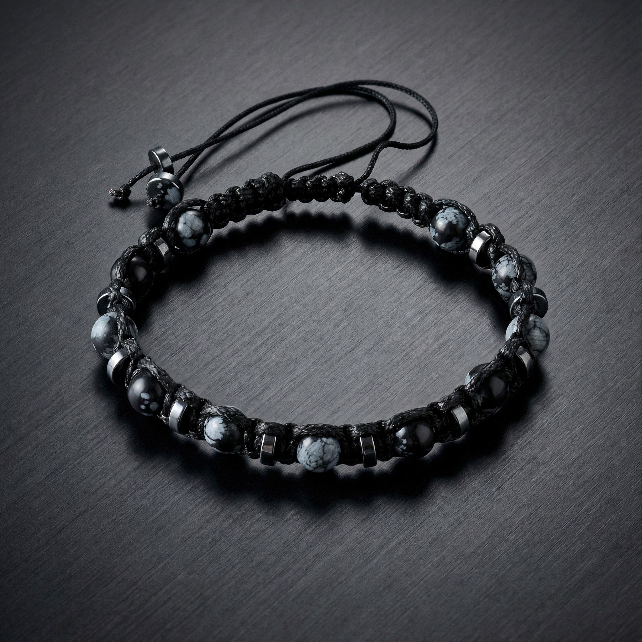Karlı Obsidyen & Hematit – 6 mm – İpli Model Erkek Bilekliği