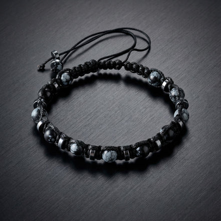 Karlı Obsidyen & Hematit – 6 mm – İpli Model Erkek Bilekliği