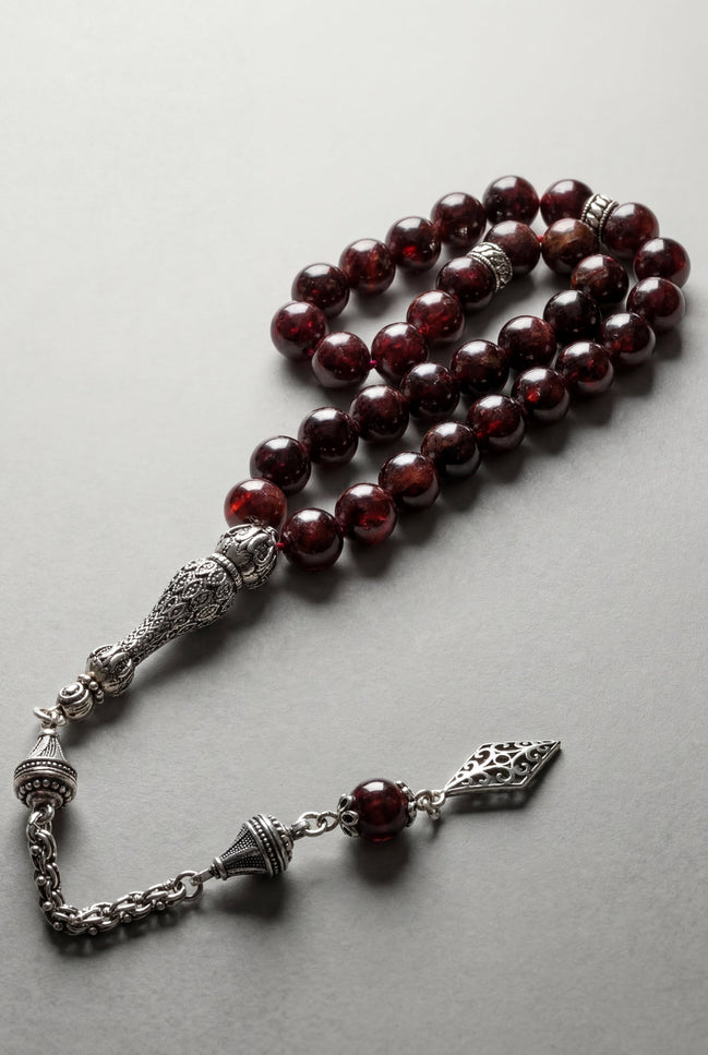 Garnet (Lal) Doğal Taş Tesbih – 925 Ayar Gümüş – 8 mm Küre Kesim