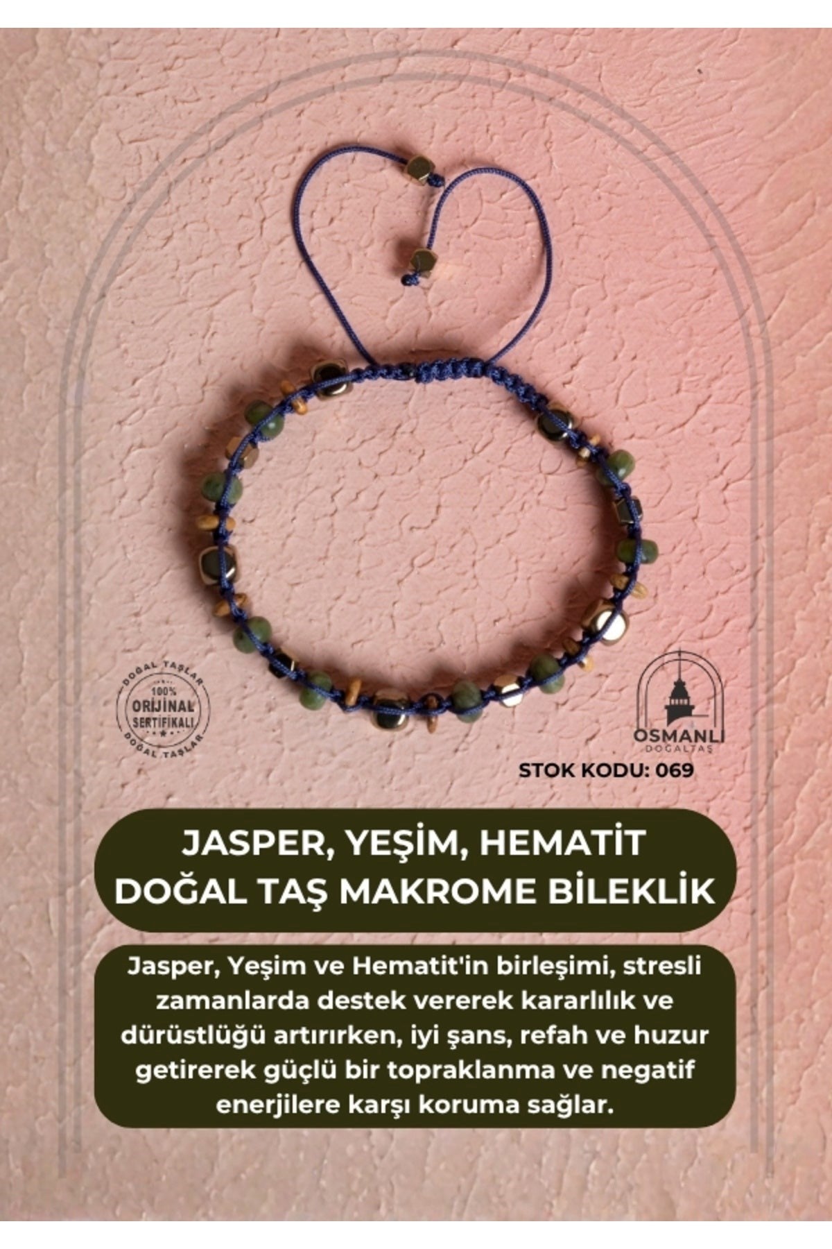 Sertifikalı Jasper, Yeşim, Hematit Doğal Taş Makrome Bileklik (SK:069)