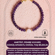 Sertifikalı Ametist, Pembe Kuvars Gümüş Aparatlı Doğal Taş Bileklik (SK:058)