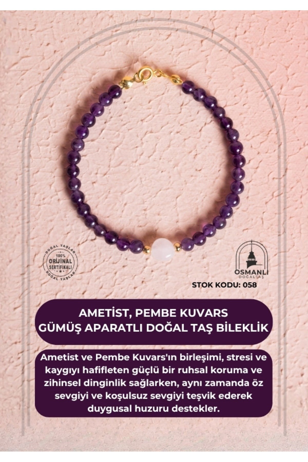Sertifikalı Ametist, Pembe Kuvars Gümüş Aparatlı Doğal Taş Bileklik (SK:058)