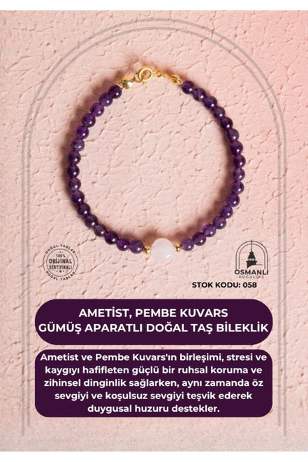 Sertifikalı Ametist, Pembe Kuvars Gümüş Aparatlı Doğal Taş Bileklik (SK:058)