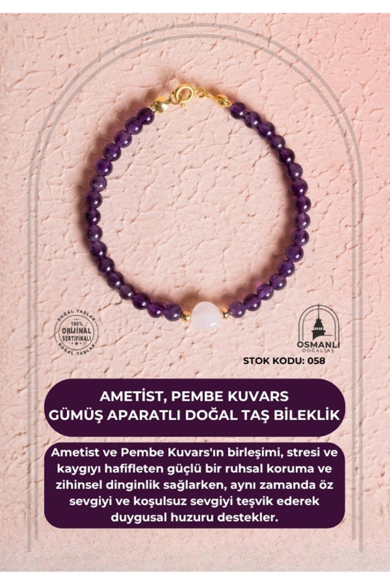 Sertifikalı Ametist, Pembe Kuvars Gümüş Aparatlı Doğal Taş Bileklik (SK:058)