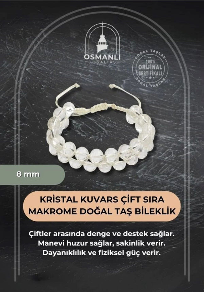 Kristal Kuvars 8mm Çift Sıra Makrome Doğal Taş Bileklik