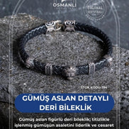 Gümüş Aslan Detaylı Deri Bileklik (SK:194)