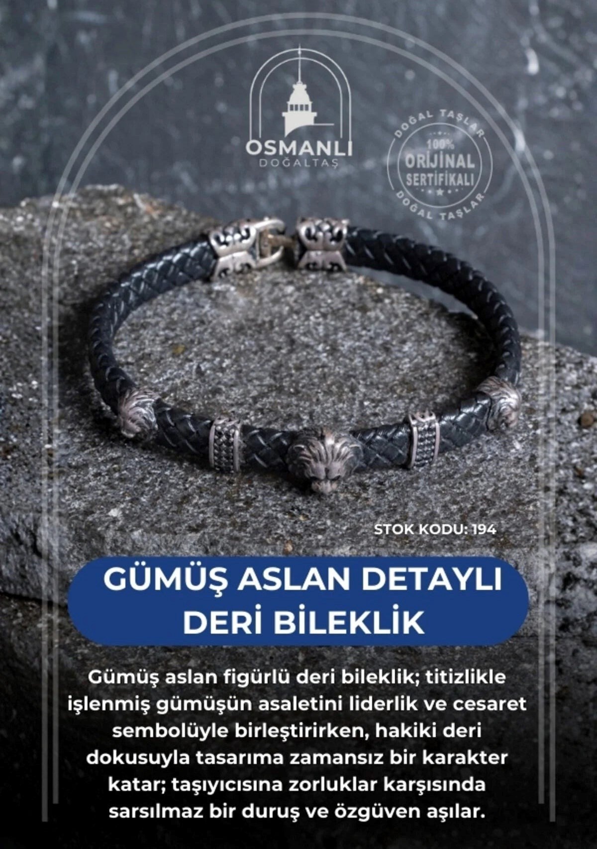 Gümüş Aslan Detaylı Deri Bileklik (SK:194)