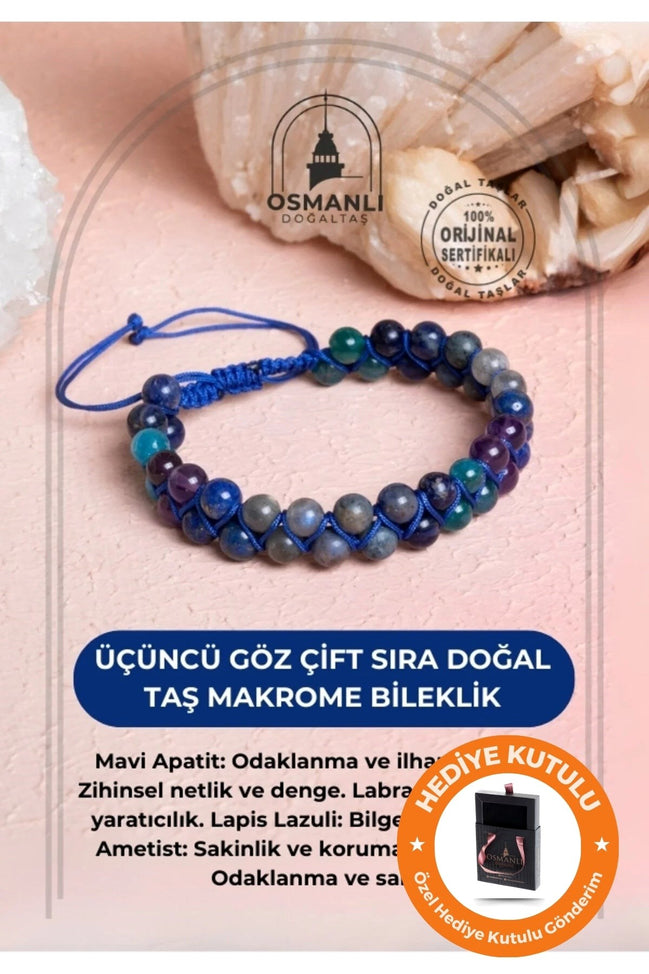Sertifikalı Üçüncü Göz Çakra Çift Sıra Doğal Taş Makrome Bileklik