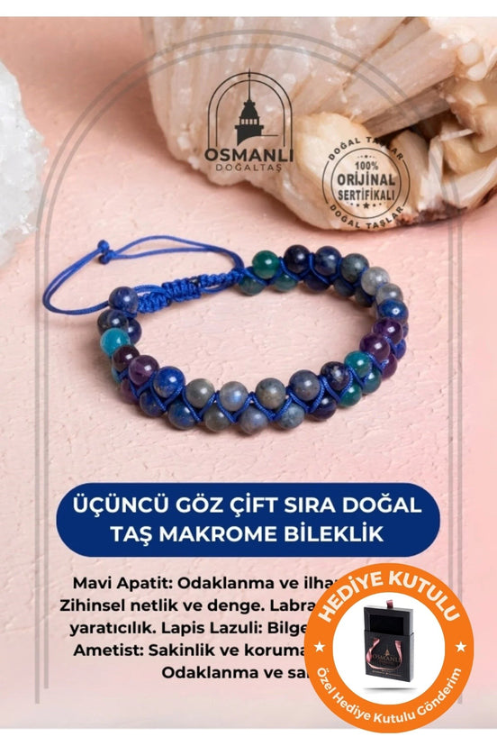 Sertifikalı Üçüncü Göz Çakra Çift Sıra Doğal Taş Makrome Bileklik