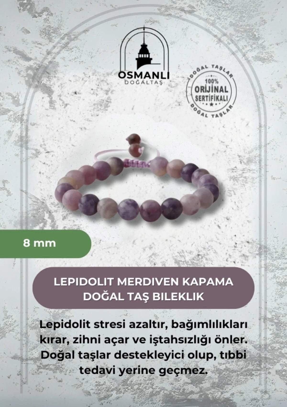 Lepidolit 8mm Merdiven Kapama Doğal Taş Bileklik
