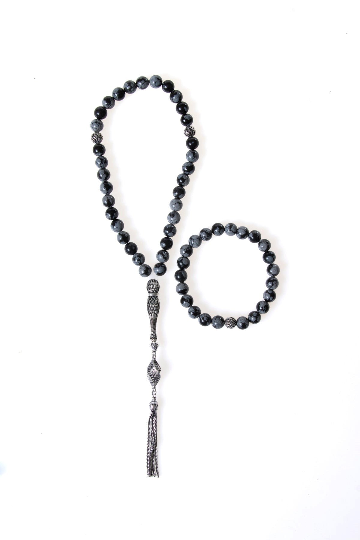 Sertifikalı Karlı Obsidyen 925 Ayar Gümüş 8 mm İmameli Tesbih & Bileklik Seti
