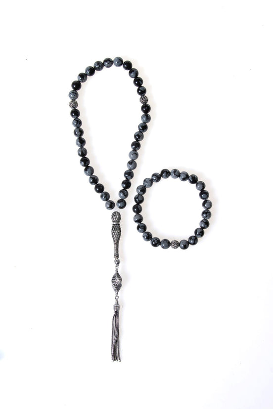 Sertifikalı Karlı Obsidyen 925 Ayar Gümüş 8 mm İmameli Tesbih & Bileklik Seti