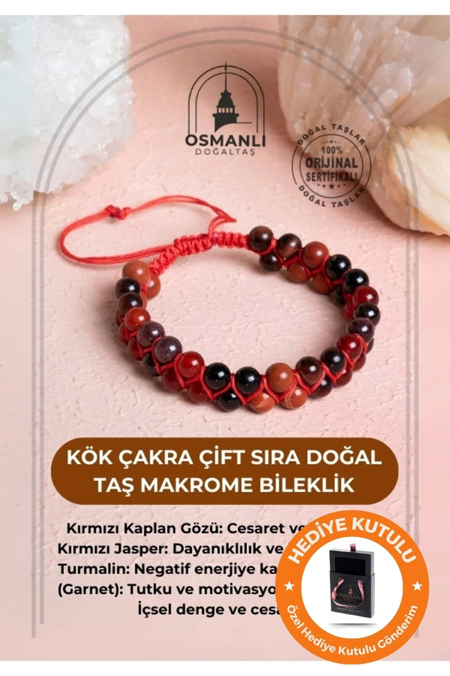 Sertifikalı Kök Çakra Çift Sıra Doğal Taş Makrome Bileklik