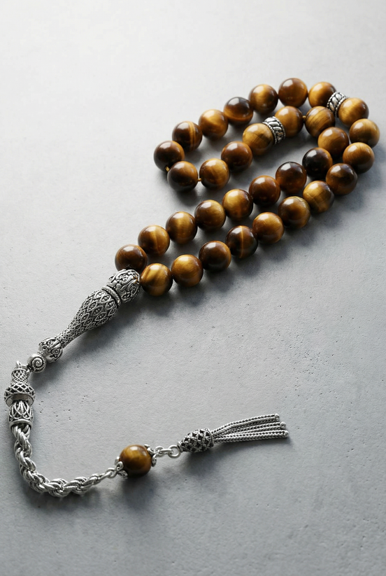 Kaplan Gözü Doğal Taş Tesbih – 925 Ayar Gümüş – 8 mm Küre Kesim