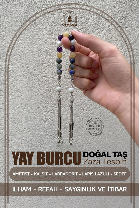 Yay Burcu Zaza Tesbih Doğal Taş Ametist, Kalsit, Labradorit, Lapis Lazuli, Sedef