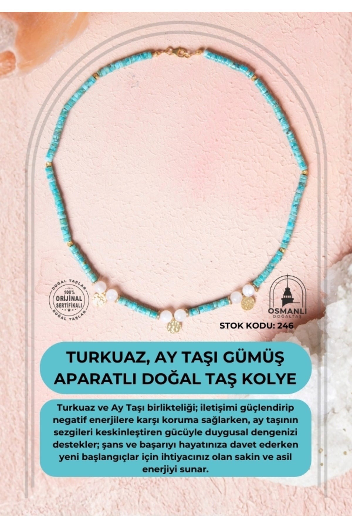 Sertifikalı Turkuaz, Ay Taşı Gümüş Aparatlı Doğal Taş Kolye (SK:246)