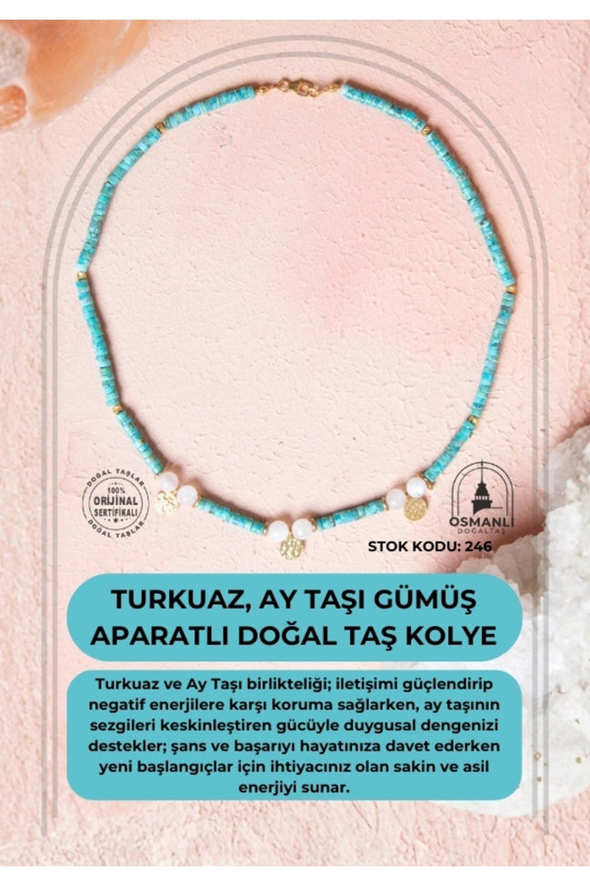 Sertifikalı Turkuaz, Ay Taşı Gümüş Aparatlı Doğal Taş Kolye (SK:246)