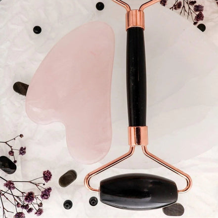 Obsidyen Roller ve Pembe Kuvars Kalpli Gua Sha Takımı