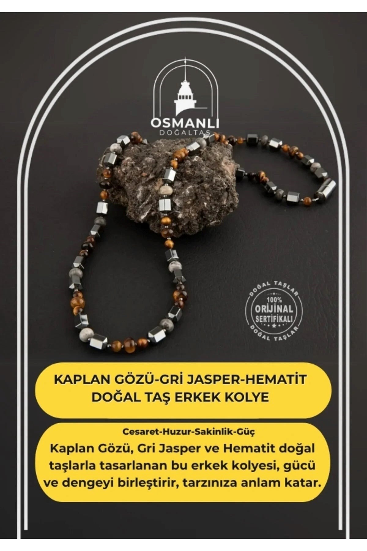 Kaplan Gözü-Gri Jasper-Hematit Doğal Taş Erkek Kolye