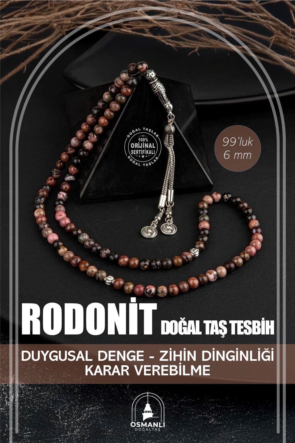 Rodonit Doğal Taş Tesbih 99luk - 6mm