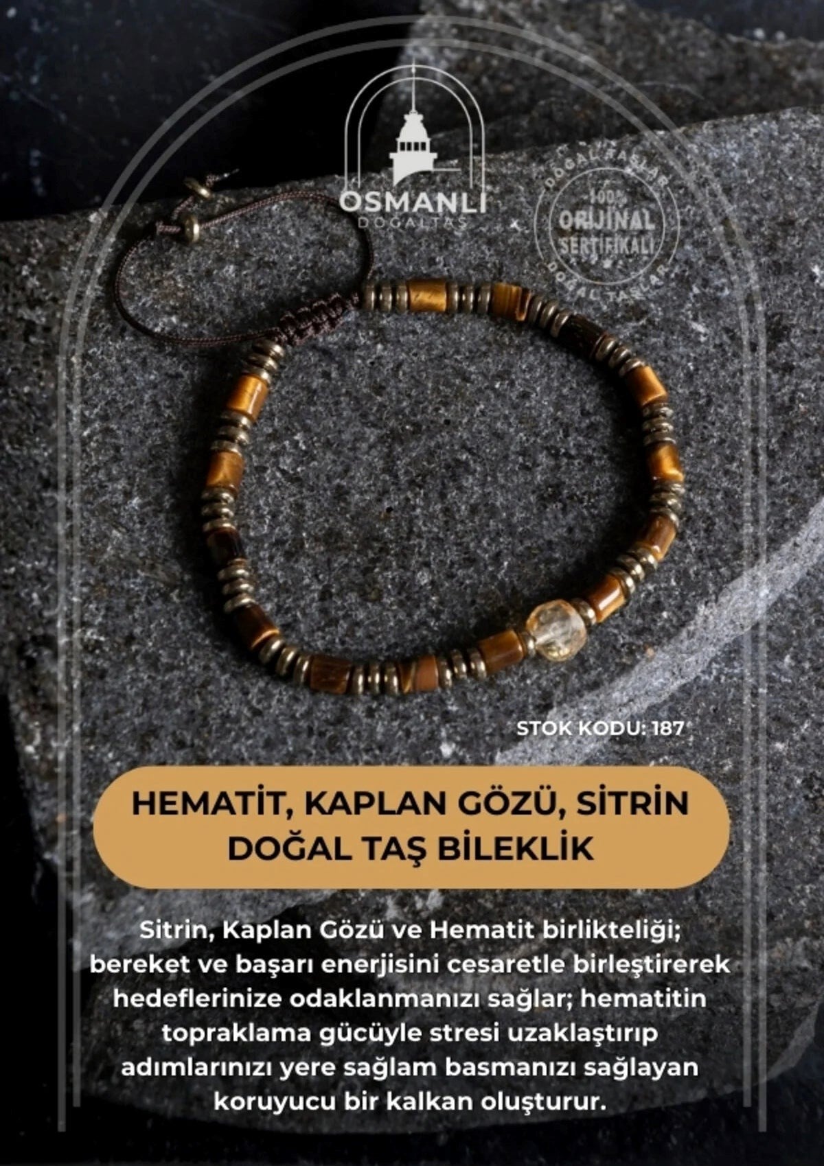 Hematit, Kaplan Gözü ve Sitrin Doğal Taş Makrome Bileklik (SK:187)