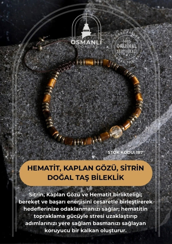 Hematit, Kaplan Gözü ve Sitrin Doğal Taş Makrome Bileklik (SK:187)
