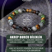 Akrep Burcu Bileklik Bordo Granat Lal, Golden Obsidyen, Kaplan Gözü, Labradorit, Yeşim
