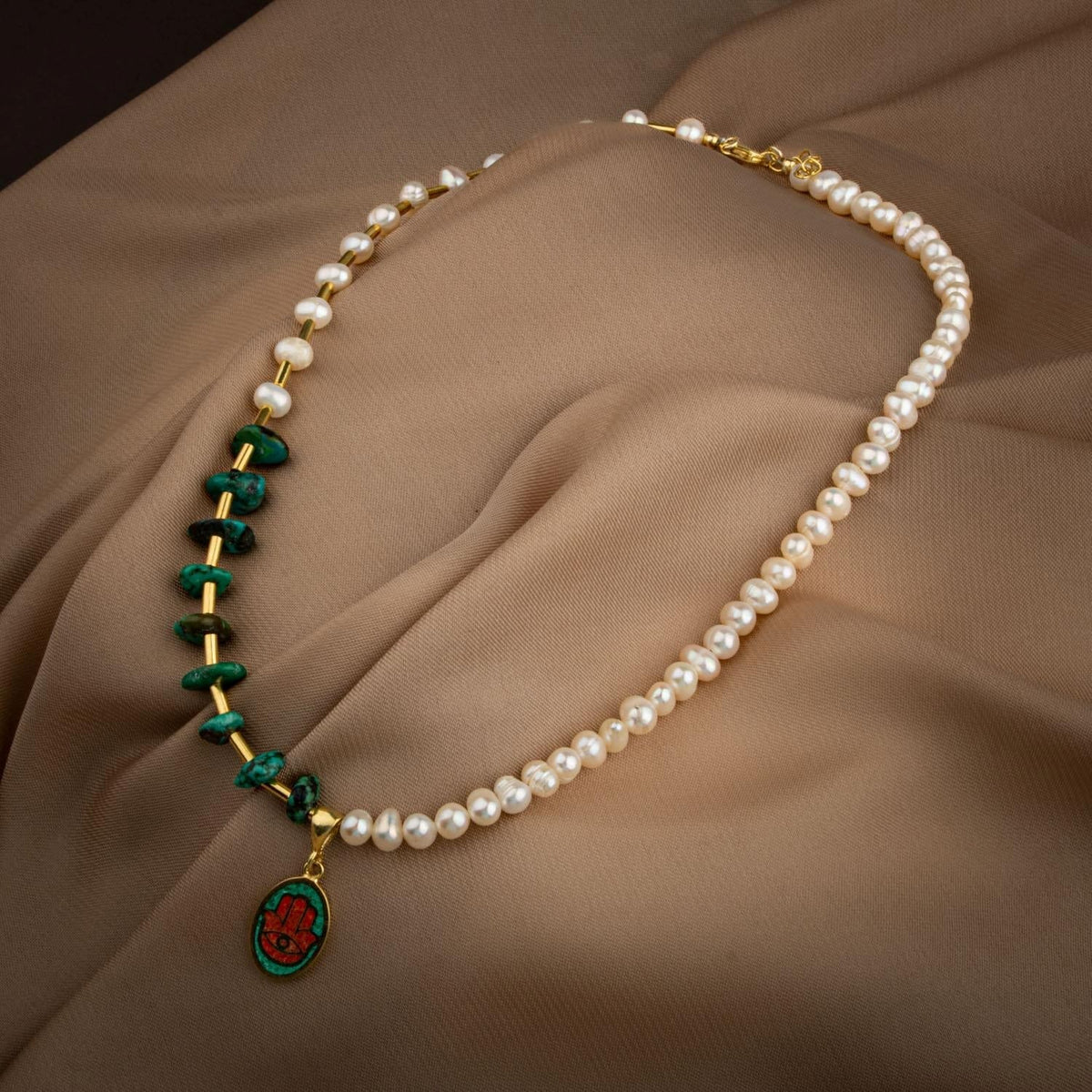 Mozaik Turkuaz (Firuza) Taşlı & İnci Doğal Taş 925 Ayar Gümüş Tasarım Kolye – Özel Tasarım (50 cm)