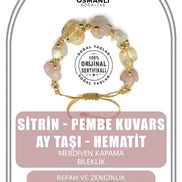 Hakiki Orijinal Sitrin - Pembe Kuvars - Ay Taşı - Hematit Doğal Taş İpli Merdiven Kapama Bileklik