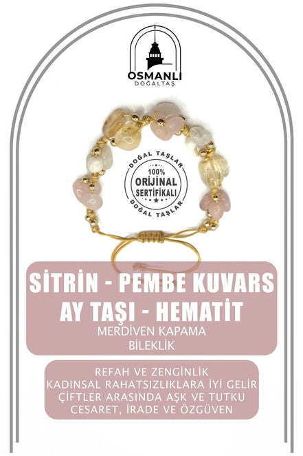 Hakiki Orijinal Sitrin - Pembe Kuvars - Ay Taşı - Hematit Doğal Taş İpli Merdiven Kapama Bileklik
