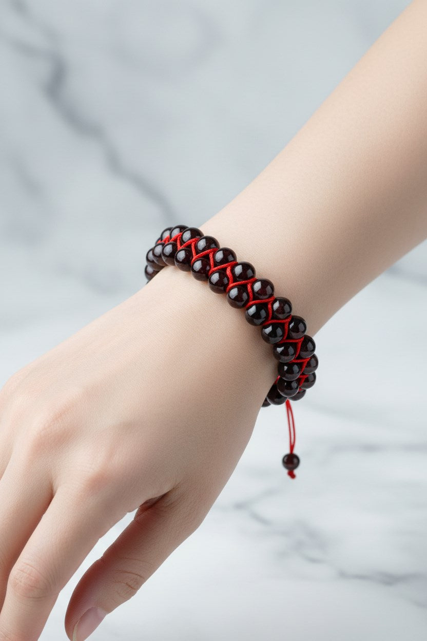 Bordo Granat (Lal) 8 mm Çift Sıra Makrome Doğal Taş Bileklik