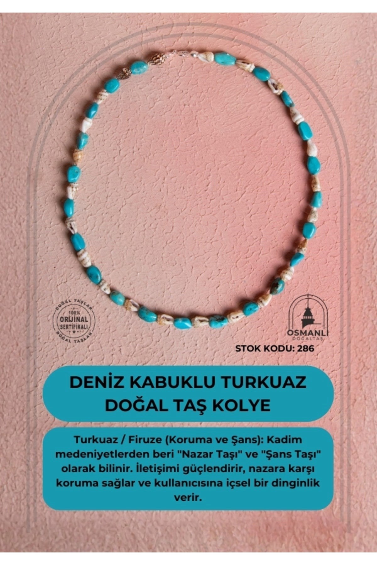 Sertifikalı Deniz Kabuklu Turkuaz Doğal Taş Kolye (SK:286)