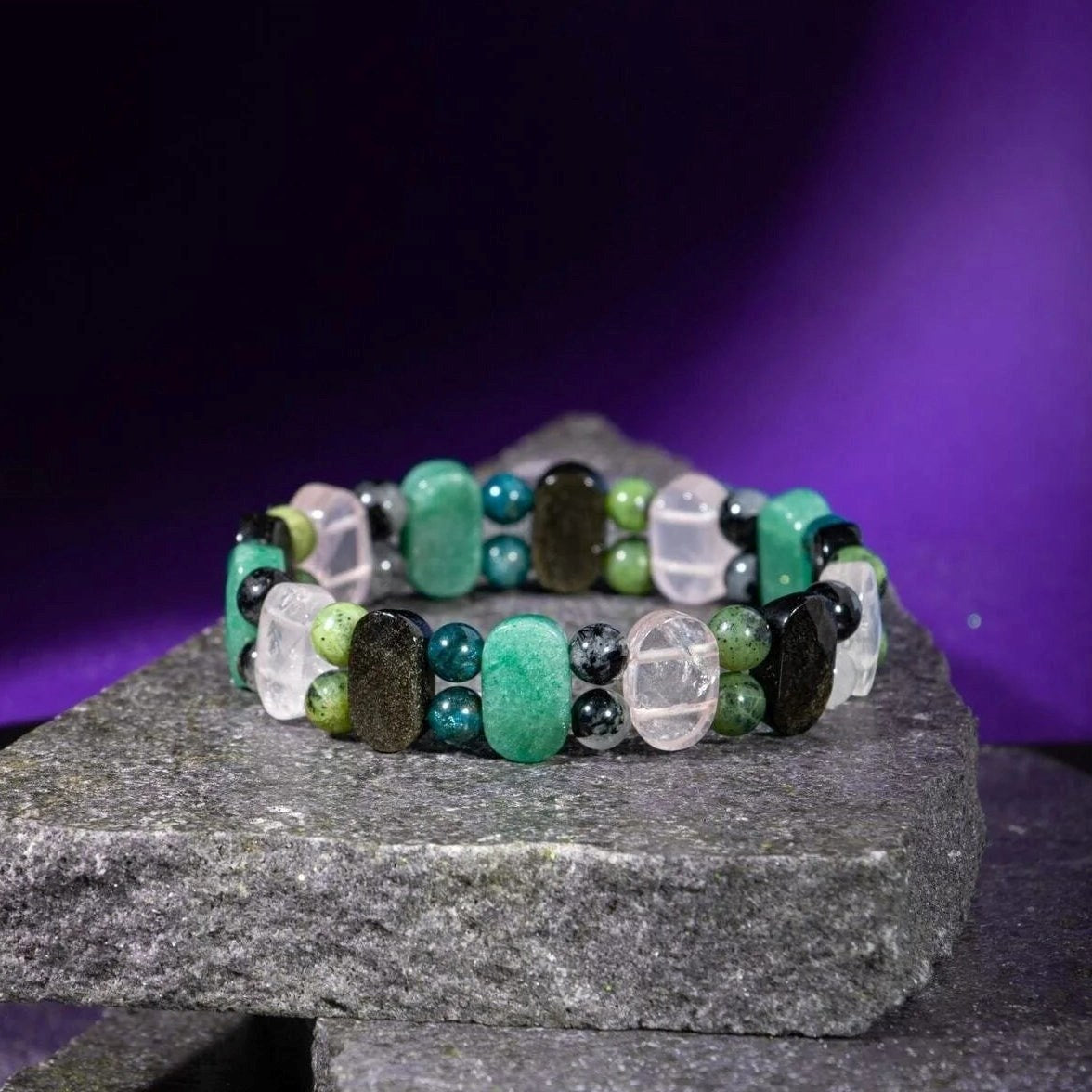 Boğa Burcu Bileklik Golden Obsidyen, Mavi Apatit, Pembe Kuvars, Rutilli Kuvars, Siyah Turmalin, Yeşil Aventurin, Yeşim